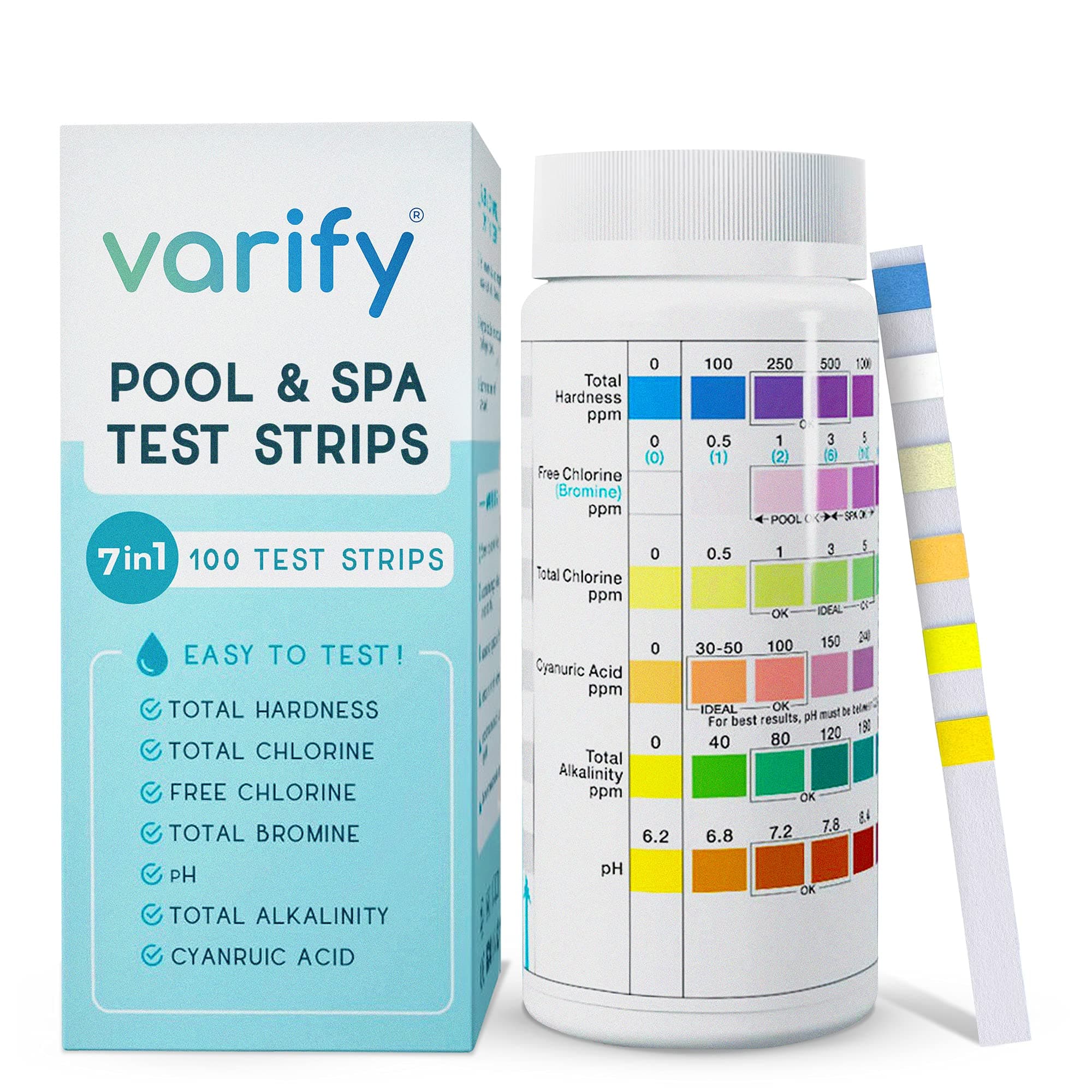 7 in 1 Pool and Spa Test Strips- Easy to Use Water Testing Kit for Pool, Spa, Hot Tub & More - Tester Strip for Water Hardness, Chlorine, Bromine, pH, Alkalinity and Cyanuric Acid (100 Strips)