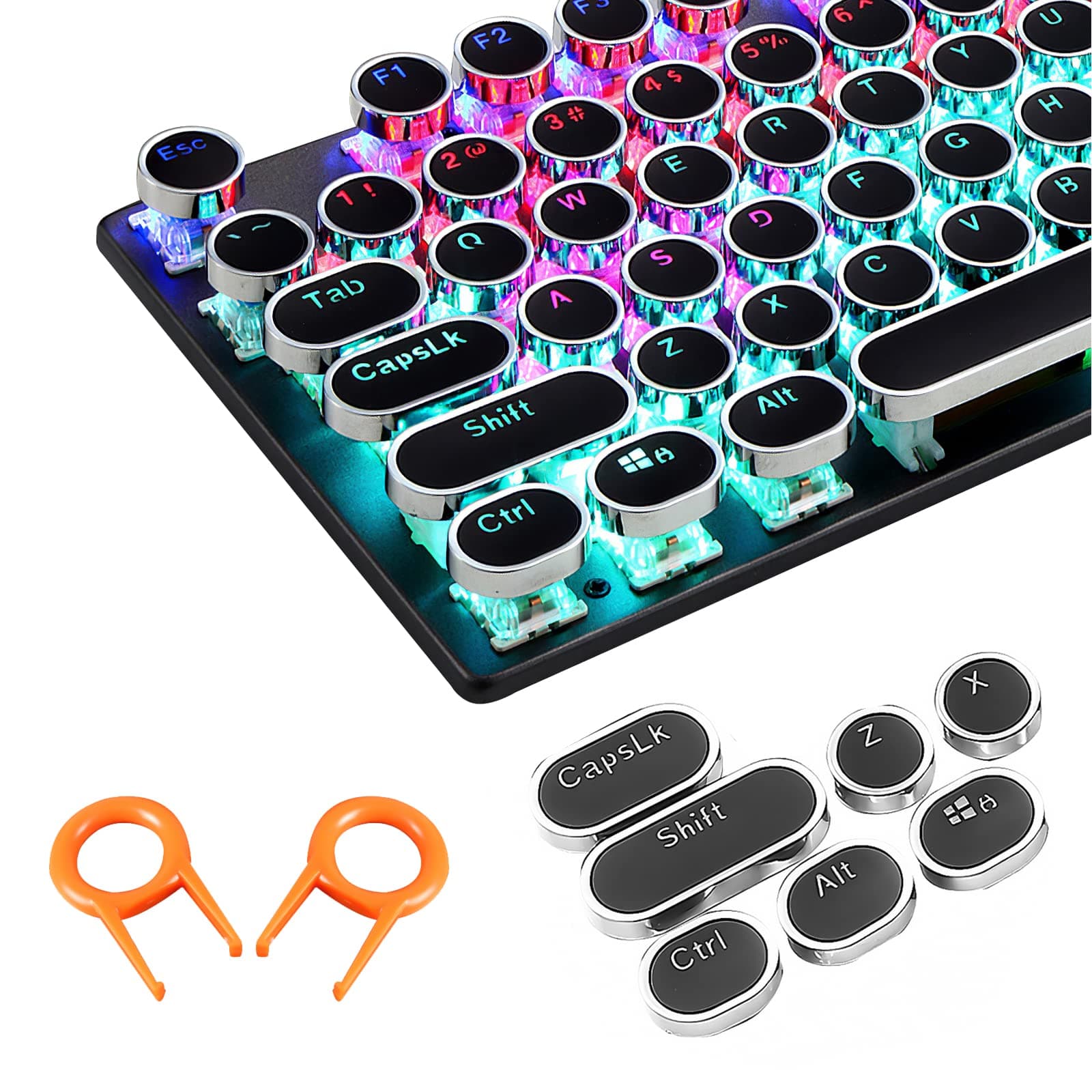 SOOTOP Steampunk Typewriter Keycaps Pudding Keycap Set Typewriter Caps for Backlit Mechanical Keyboard Round Key Cap 104 Keys with Keycap Puller (Black)