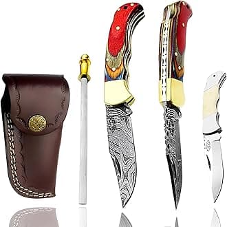Multi Wood Unique Beautiful 6.5'' Custom Handmade Damascus Steel Brass Bolster Back Lock Folding Pocket Knife Sharpening Rod 100% Prime Quality Plus Beautiful Blue Wood Stainless Steel Pocket Knive