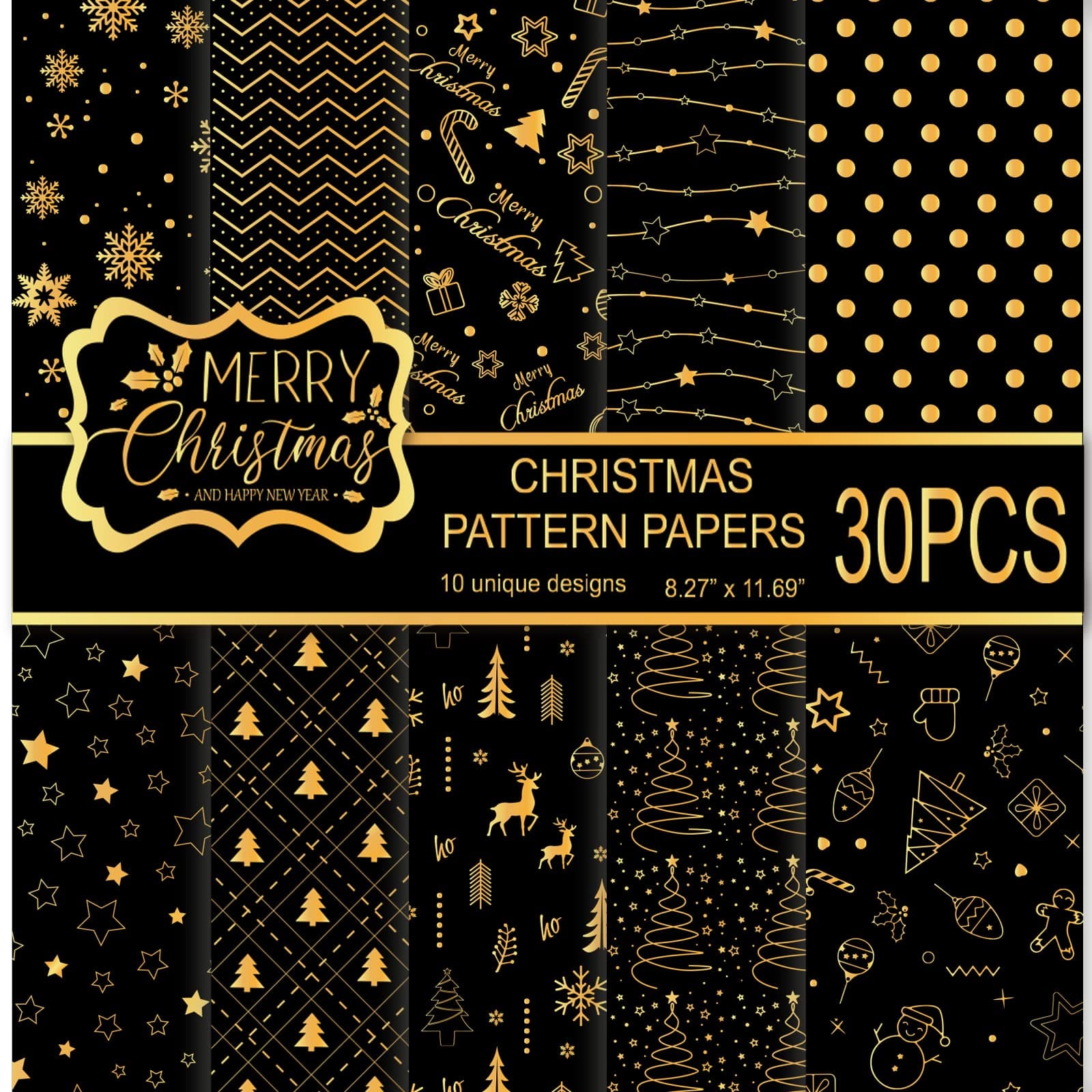 MIAHART 30 Sheets Christmas Pattern Paper Set A4 Size Black and Gold Festival Decorative Craft Paper Double-Sided for Card Making Scrapbook, 10 Designs