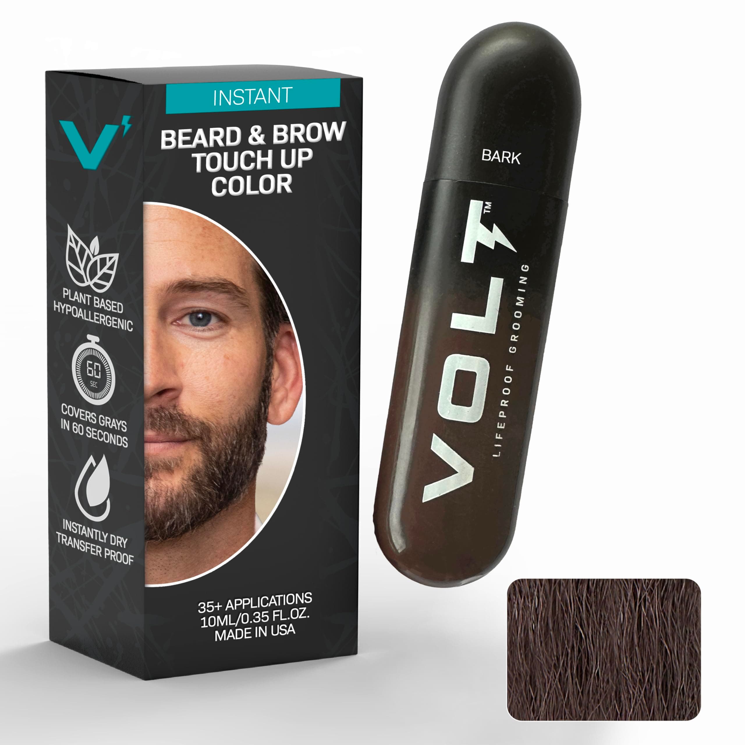 Grooming Temporary Instant Beard Color Single Pack - Quick Drying Plant Based Hypoallergenic Brush on Color for Beards, Mustaches, and Eyebrows - 0.35 Fl Oz (10 ml), Bark (Dark Brown)