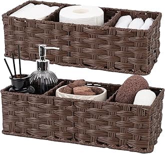 GRANNY SAYS Bathroom Baskets for Organizing, Wicker Baskets for Shelves, Toilet Storage Basket with Dividers, Small Basket for Organizing, Brown, 2-Pack