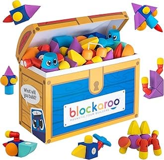 Blockaroo Magnetic Foam Building Blocks - 100-Piece Set with Storage Chest, Bath Toys for Toddlers, Preschool Toys, Sensory Toys, Blocks for Toddlers 3-5, Engineering Toys for Kids 3-5
