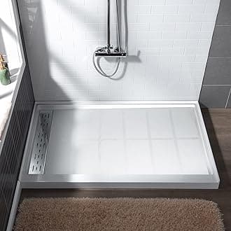 WOODBRIDGE 60"L x 34" W x 4"H Shower Base,Left Drain,Non-Slip Single Threshold Shower Pan, Solid Surface with Chrome Linear Drain Cover