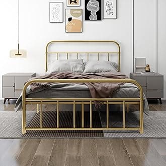 Full Metal Platform Bed Frame with Vintage Headboard Footboard Extra Strong Support No Box Spring Needed Noise Free Easy Assembly Gold