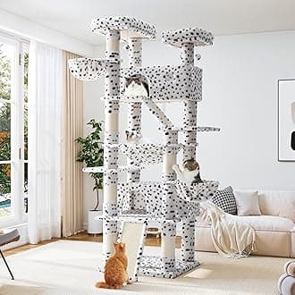 Allewie 81 Inches Tall Cat Tree/Multi-Level Large Climbing Tree House and Towers for Big Feline/Condo and Hammock/Scratching Post/Wide Base/White & Black Spot
