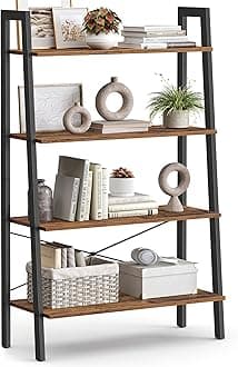 Ladder Shelf, 4-Tier Bookshelf, Storage Rack, Bookcase with Steel Frame, for Living Room, Home Office, Kitchen, Bedroom, Industrial Style, Rustic Brown and Ink Black ULLS144B01