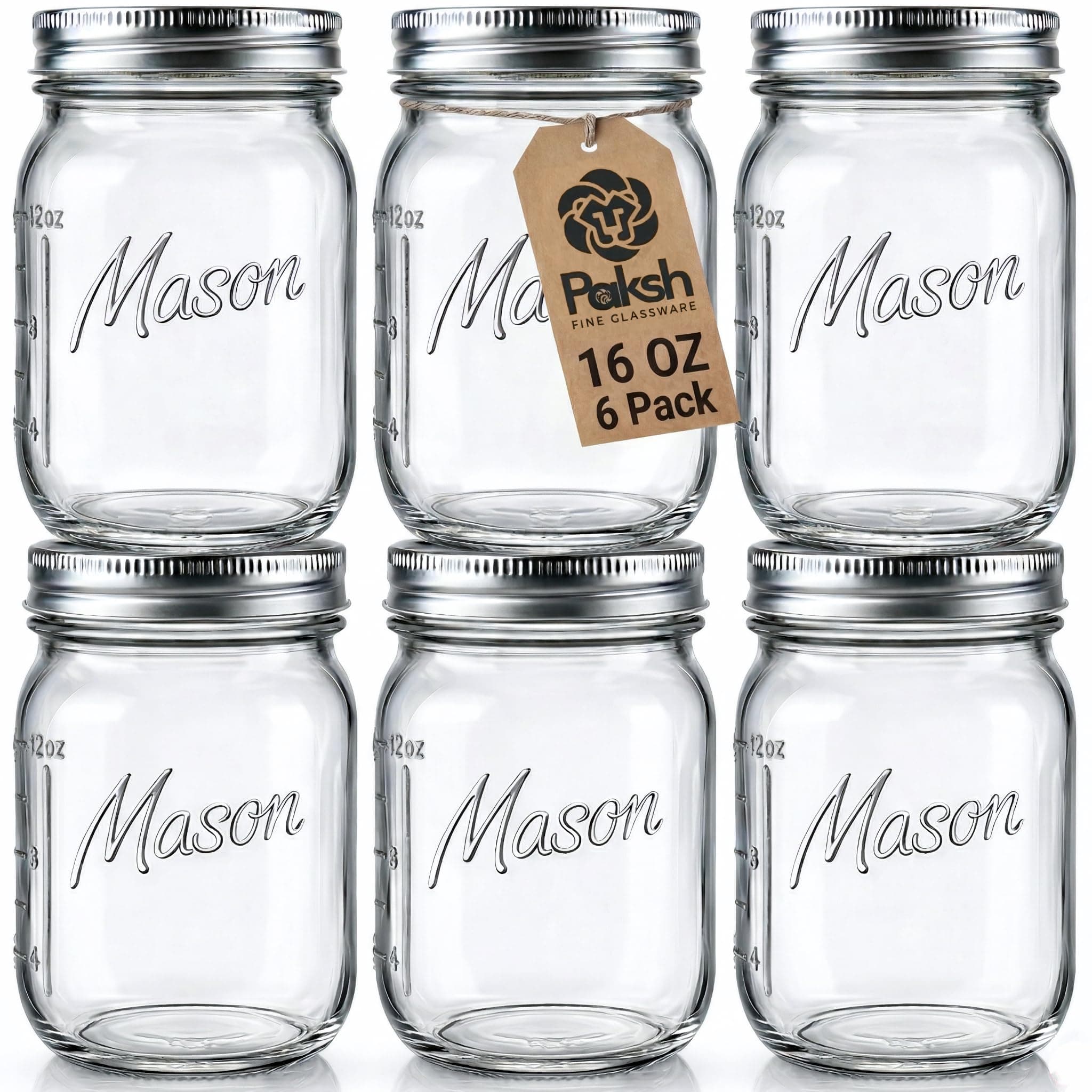 Mason Jars 16 oz - 6-Pack Regular Mouth Glass Jars with Lid & Seal Bands - Airtight Container for Pickling, Canning, Candles, Home Decor, Overnight Oats, Fruit Preserves, Jam or Jelly