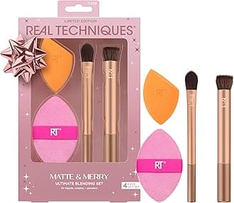 Matte & Merry Ultimate Blending 4 Piece Holiday Gift Set, Foundation Makeup Sponge, Dual-Sided Powder Puff, & 2 Makeup Brushes, Kitten Paw Brush, Limited Edition, Latex-Free Foam