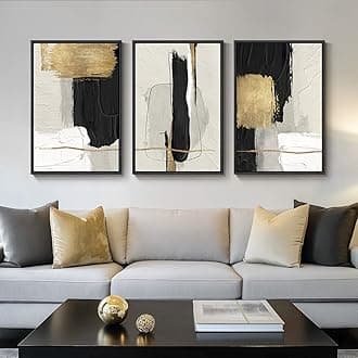 Large Framed Black and White Abstract Wall Art, 3 Piece Modern Canvas Prints Paintings Artwork for Walls, Minimalist Black Beige Gold Pictures for LIving Room Bedroom Office Wall Decor Total 30x60 In