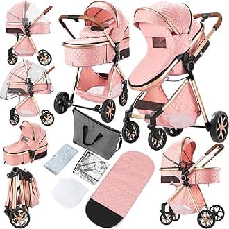 2 in 1 Baby Stroller, Convertible Pram, Reversible Standard Stroller, Portable Baby Buggy, Infant Carriage, Foldable High Landscape Pushchair for Toddler Newborn (225 Pink)
