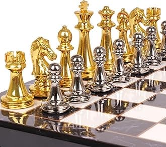 Metal Chess Set for Adults and – Marbling Chess Board with Chess Pieces – Travel Chess Sets with Extra Queens with zinc Alloy Metal Pieces – Ideal for Beginners and Professional Players