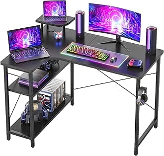 CubiCubi L-Shaped Desk, Computer Desk, 43.3 inches (110 cm), Width 43.3 inches (110 cm), Gaming Desk, L-Shaped Desk, Work Desk, Storage Rack, Corner Desk, Terrawork, Home Commute, Black, Left