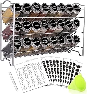 SWOMMOLY Spice Rack Organizer with 24 Empty Glass Spice Jars, 396 Spice Labels with Chalk Marker and Funnel Complete Set, for Countertop, Cabinet or Wall Mount, Silver
