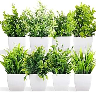 Dekorly® Artificial Potted Plants, 8 Pack Artificial Plastic Eucalyptus Plants Small Indoor Potted Houseplants, Small Faux Plants for Home Decor Bathroom Office Farmhouse, Green
