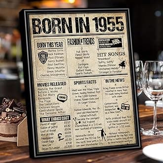 Benjia 1955 Poster Framed UK, Happy 70th Birthday Sign Card Party Decor Supplies Home Decoration Birthday Gift 70 Years Old Wedding Newspaper For Men Women (8x10 inch, Vintage)