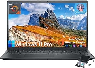 Dell Inspiron 3535 Touchscreen Laptop - with 2024 Office Lifetime & External DVD Drive, 15.6" FHD Touch Computer for Business, AMD Ryzen 7 7730U, HD Webcam, Copilot AI, Win 11 pro (16GB RAM | 1TB SSD)