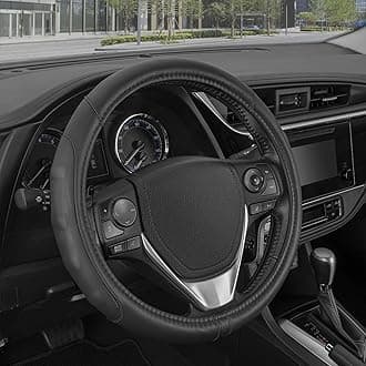 Motor Trend GripDrive Faux Black Leather Steering Wheel Cover for Car Truck Van SUV, Small 14 inch Size, Solid Black Stitched Car Steering Wheel Cover Vehicle & Auto Accessories