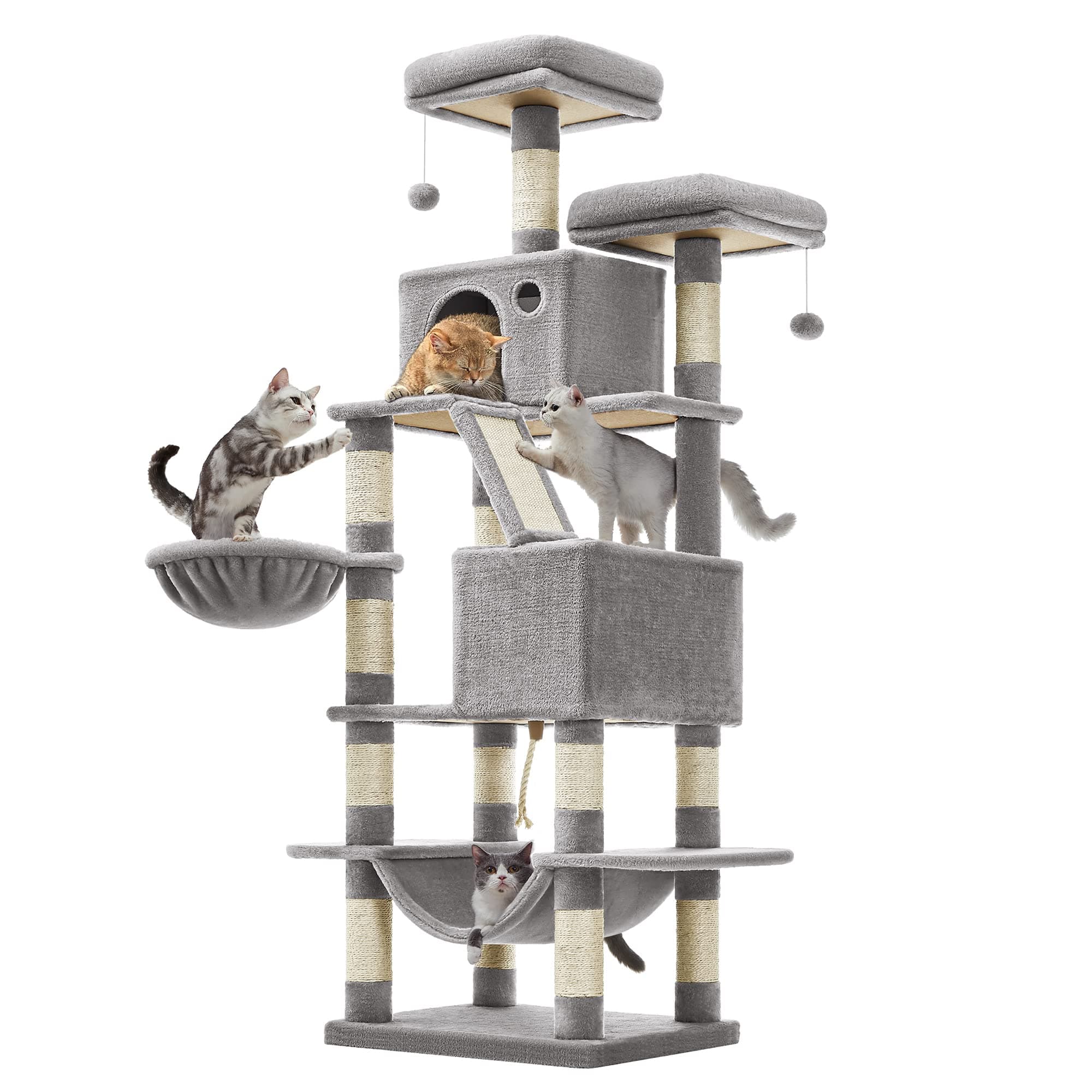 Feandrea Cat Tree, 66.1-Inch Large Cat Tower, Multi-Level Plush Condo with 13 Scratching Posts, 2 Perches, 2 Caves, Basket, Hammock, Pompoms, Light Gray UPCT165W01