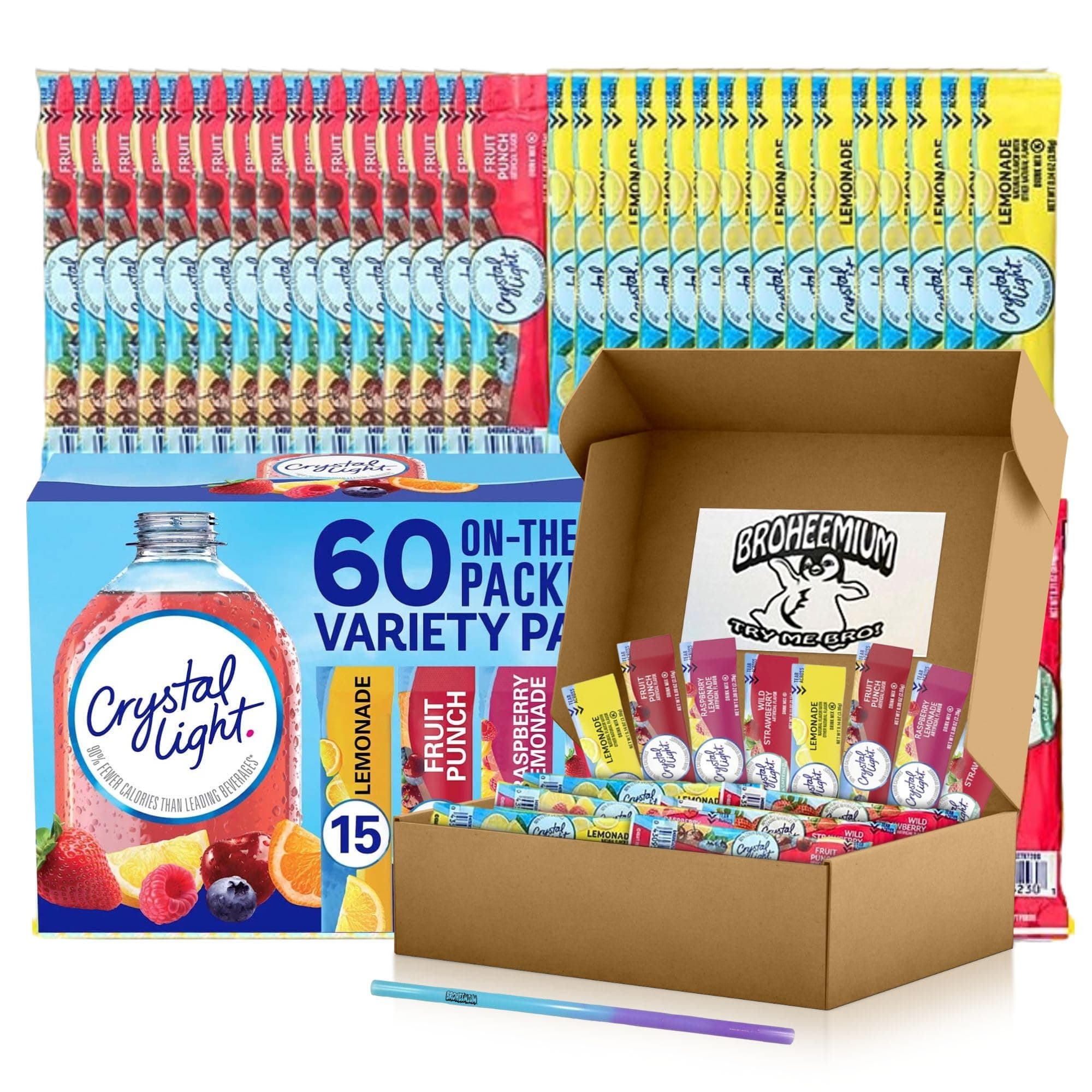 Crystal Light Variety Pack 60 Flavored Drink Mix Packets in Lemonade Fruit Punch Raspberry Strawberry Flavors Bundles One Reusable Mood Straw Sugar-Free Hydration Anytime Anywhere!