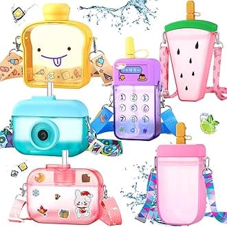 Queekay 6 Pcs Water Bottles with Straws for Kids Watermelon Adjustable Strap Leakproof Plastic Watermelon Ice Cream Camera Bread Biscuits Shaped Water Bottle for School Travel