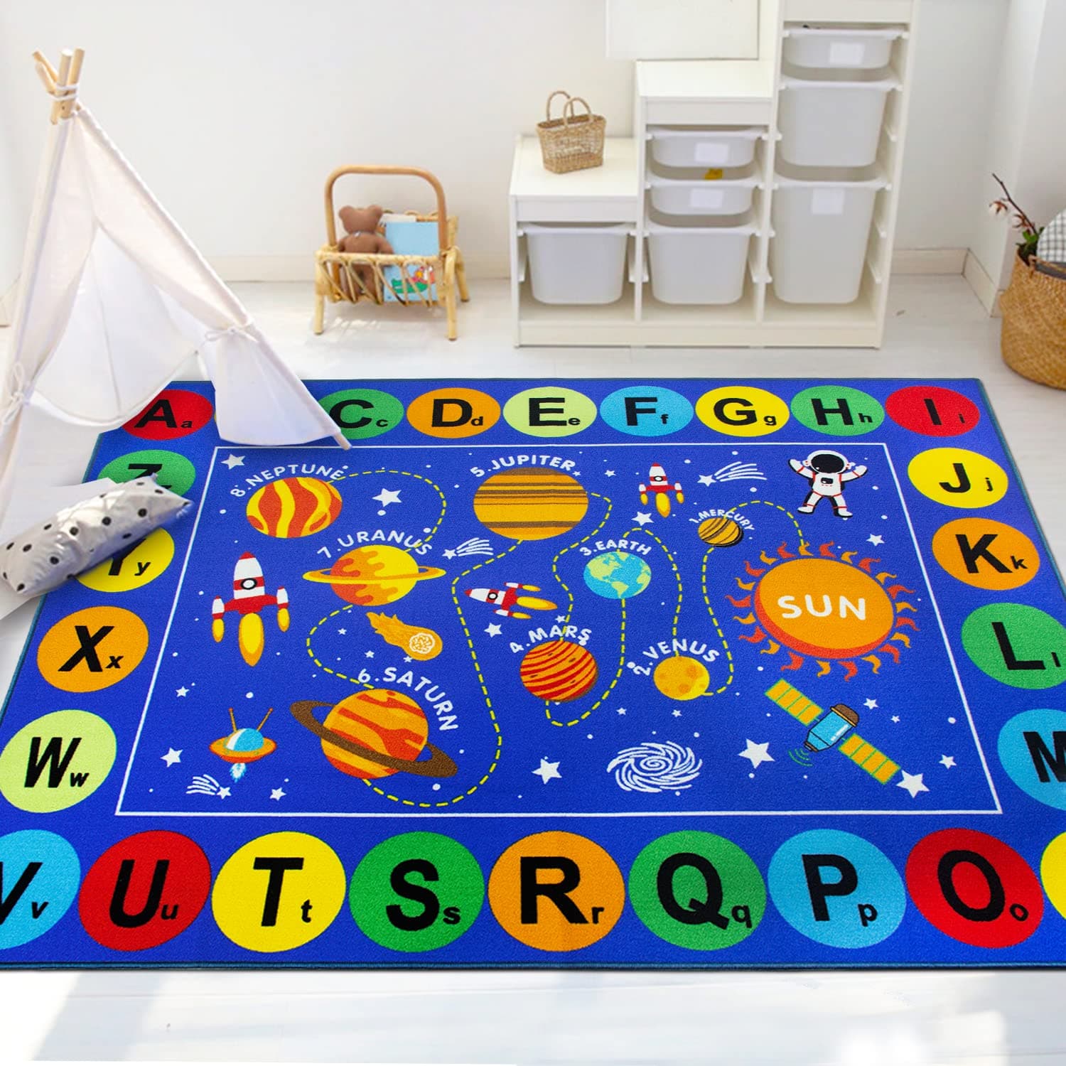 Capslpad ABC Alphabet Kids Rug Outer Space Educational Learning Area Rug 5'0" x 6'6" Non Slip Solar System Galaxy Planets Play Rug Carpet for Children