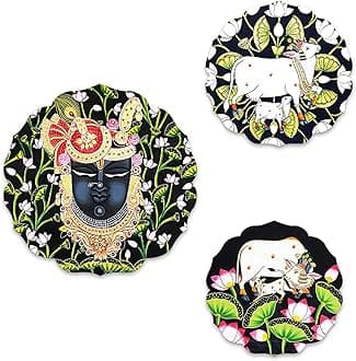 Artvibes Shrinath Ji & Sacred Cow Pichwai Art Round Shape MDF Wooden Wall Decor Items | Living Room | Handcrafted Art | Wall Illustrations | Art Prints | Aesthetic Wall Art | Gift (WH_8810N), Set of 3