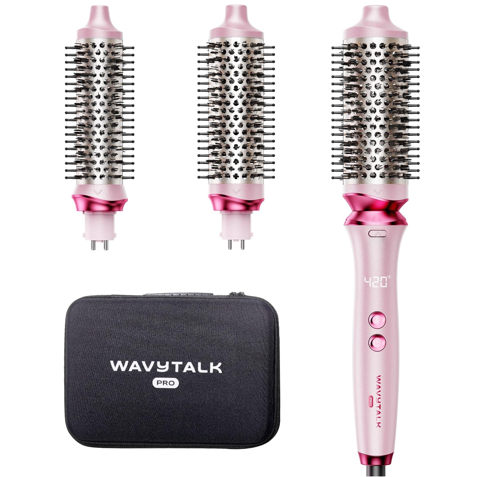 Wavytalk Heatwave Pro Ionic Thermal Brush Set, Dual Voltage 3-Size Heated Round Brush for Short to Long Hair, Bilateral Negative Ions for Frizz-Free Shiny Blowout, Pink