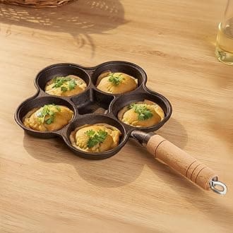 - HomeEssentials Cast Iron Egg Pan - 6 Hole Nonstick Skillet with Wood Handle | Omelette, Mini Uttapam, Appam Patra, Litti Maker | Nonstick Pan for Eggs, Dumplings | Egg Frying | 42 cm