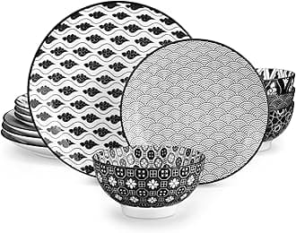 vancasso Haruka 12 Pieces Plates and Bowls Set, Ceramic Dinnerware Sets for 4, Black and White Porcelain Dishes Set