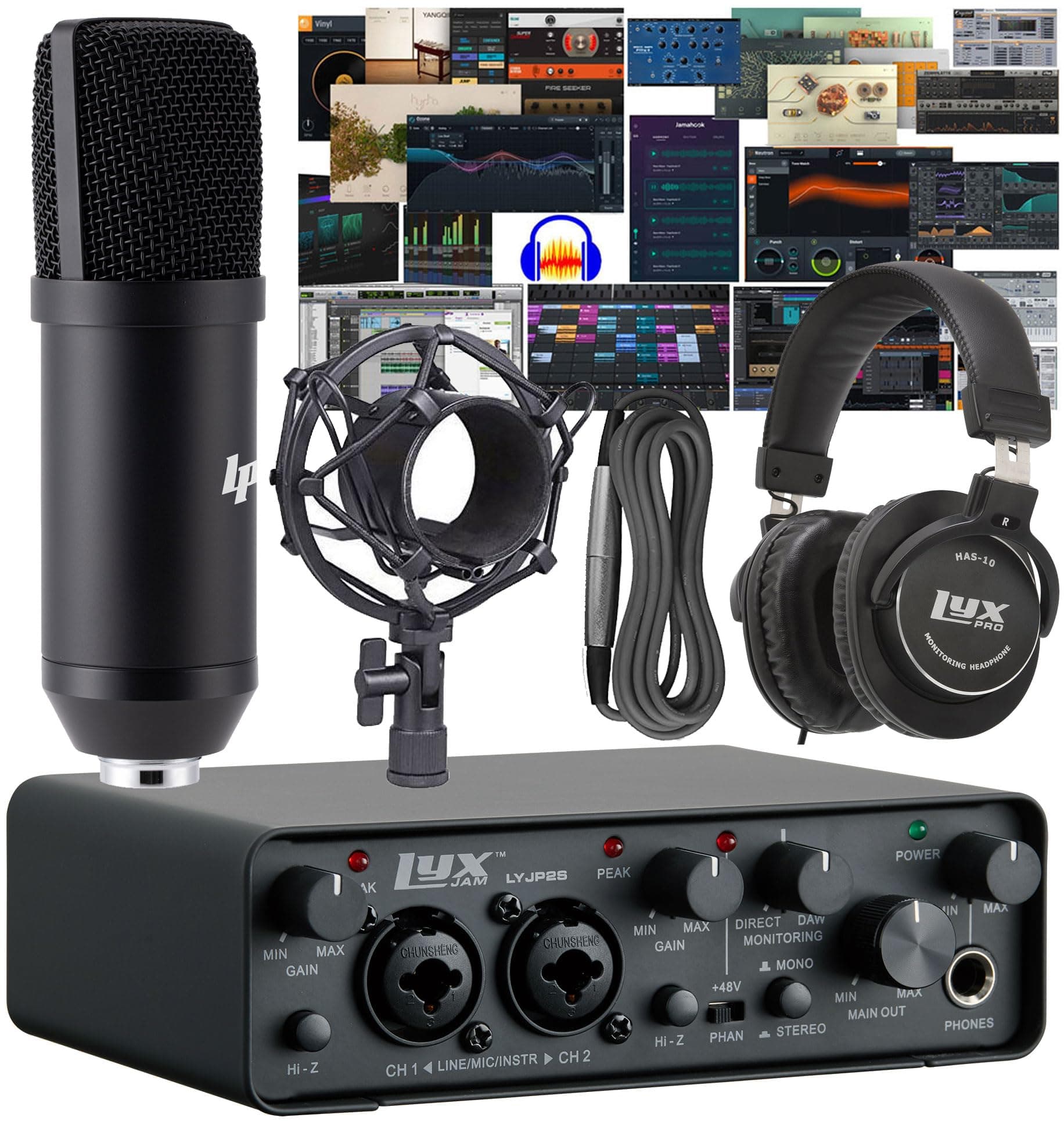 2×2 USB Audio Interface Recording Bundle w, Cardioid Condenser Mic, Studio Headphones, Shockmount, XLR Cable, Waveform OEM Software, 24-bit/192 kHz Music, Podcast, Voiceover & Streaming Kit