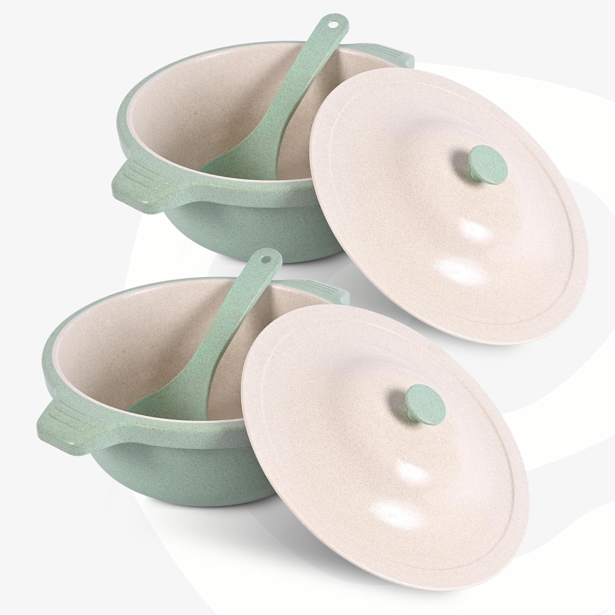 Eha Earth Friendly Serving Bowls with Lid | Microwave Safe | Made with Rice Husk and Bamboo Fibers | 2500 ml Each | Set of 2 | Celeste Green