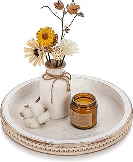 Hanobe Round Wooden Tray, Decorative Tray, Whitewashed Serving Tray with Beaded Edge, Vintage White, Shabby Chic, White Wooden Tray for Candles, Kitchen Table