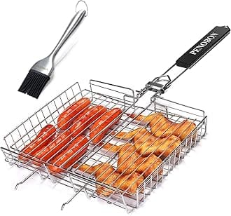 penobon Fish Grilling Basket, Folding Portable Stainless Steel BBQ Grill Basket for Fish Vegetables Shrimp with Removable Handle, Come with Basting Brush and Storage Bag