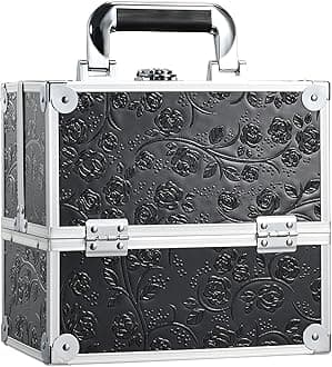 Makeup Train Case Cosmetic Box Portable Makeup Case Organizer 4 Trays Travel Case Storage with Dividers Lockable for Make up Artist Crafter Nail Kits Tools Black Floral