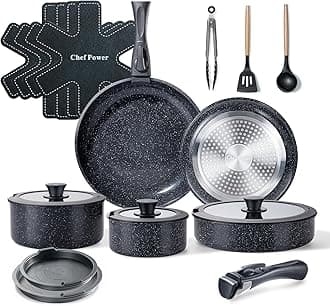 Chef Power Ceramic Nonstick Cookware Set 19 Piece with Detachable Handle, Induction Dishwasher Oven Safe Pans and Pots Set, RV Kitchen Set Removable Handle, Rock Stone Black