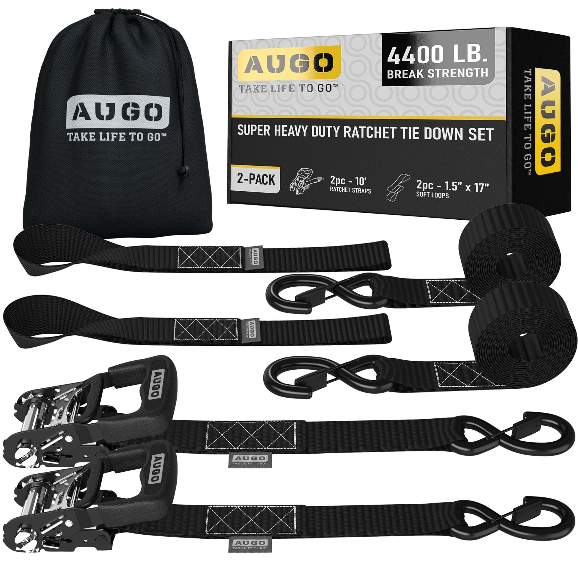 Augo Heavy Duty Ratchet Straps & Soft Loops – Pack of 2 Extra Strong 1.5” by 10’ Ratchet Straps w/S-Hook Safety Latches & 2 Soft Loop Tie Downs – 4400Lb Break Strength for Motorcycles, ATVs, Etc.…