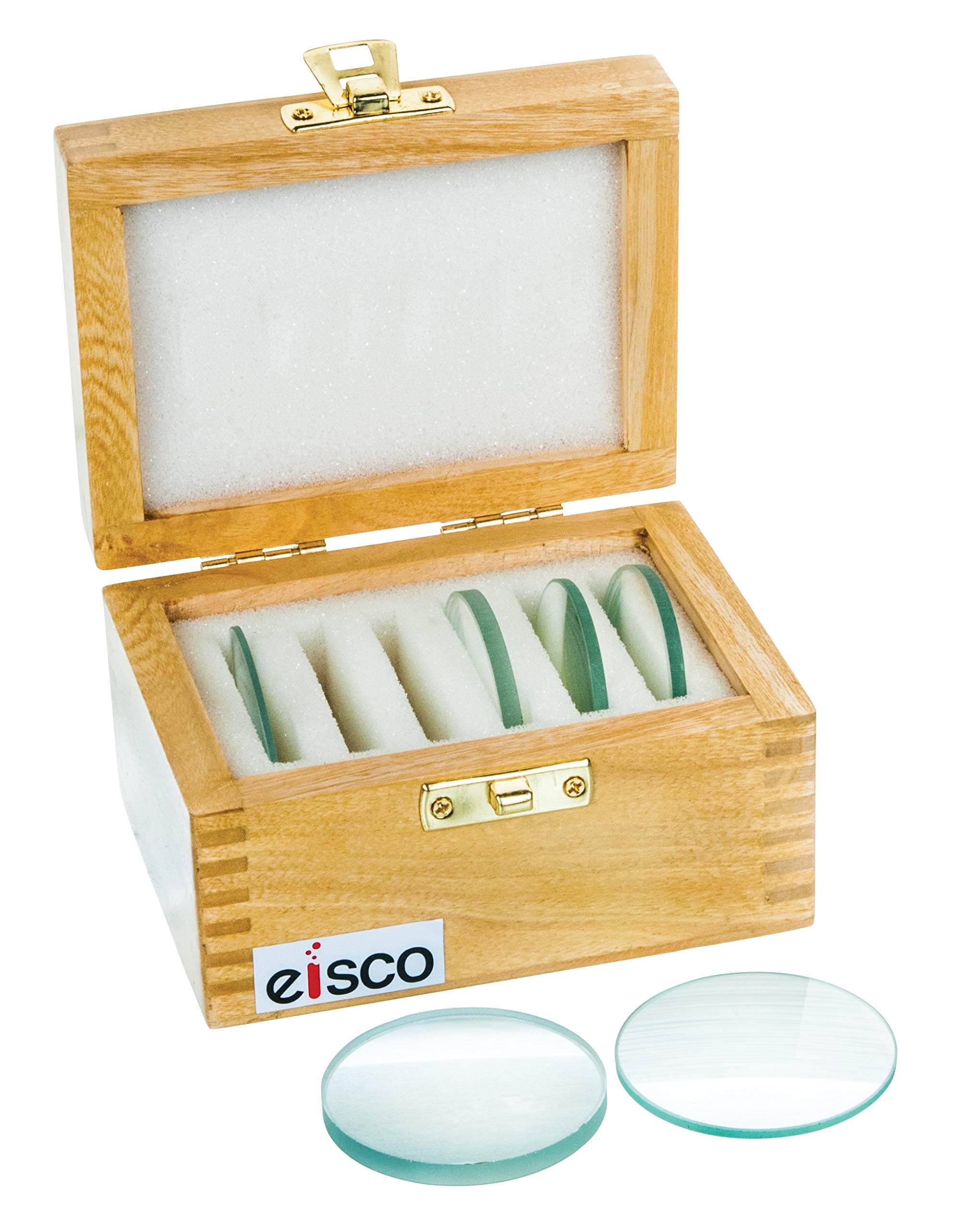 Eisco - 6pc Glass Lens Set, 50mm Diameter, Double Convex, Double Concave, Plano Convex, Plano Concave, Concave-Convex Lenses, Optics Kit for Physics Education, Wooden Storage Case Included