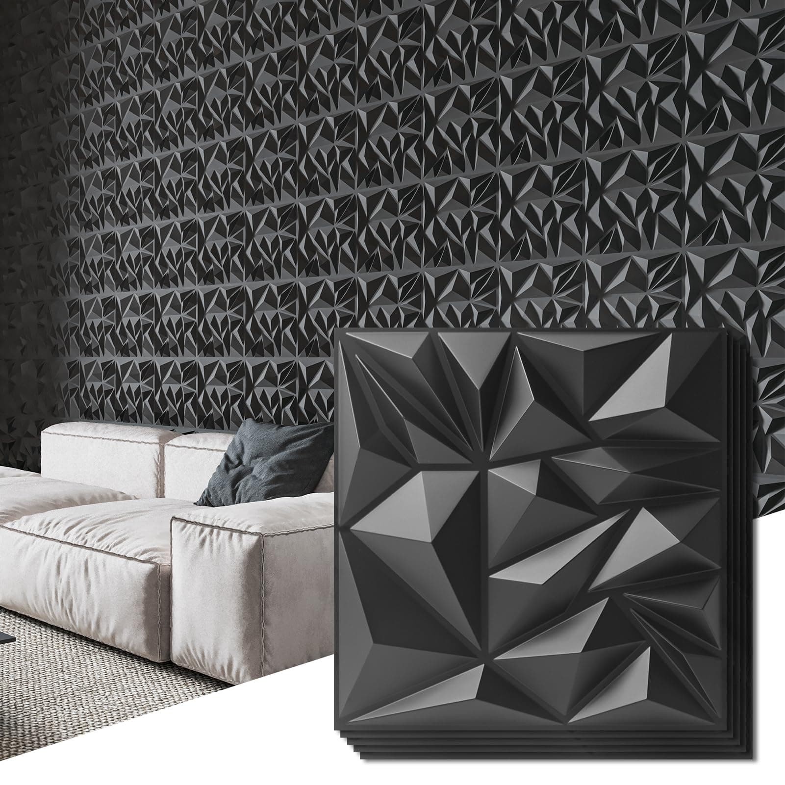 – Art3d 33-Pack 3D Wall Panels for Interior Decor, Modern Diamond Textured Accent Paneling for Gaming Living Room TV Background, 12 x 12 Inch Black