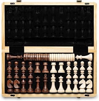 A&A 15" Magnetic Wooden Chess Set/Folding Board / 3" King Height German Knight Staunton Chess Pieces/Mahogany & Maple Inlaid /2 Extra Queen