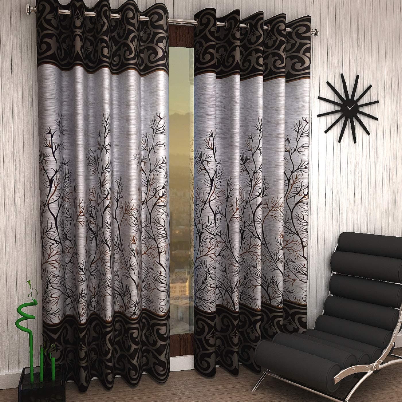 Home Sizzler 2 Pieces Elegant Panel Eyelet Polyester Door Curtains - 7 Feet, Brown