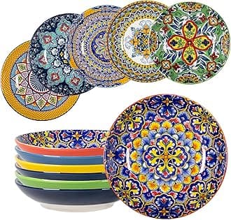 HENXFEN LEAD Pasta Bowls 26 Oz, Serving Dishes for Soup, Salad, Appetizers - Wide Shallow Ceramic Bowls Set of 6, Microwave & Dishwasher Safe - Bohemian Style