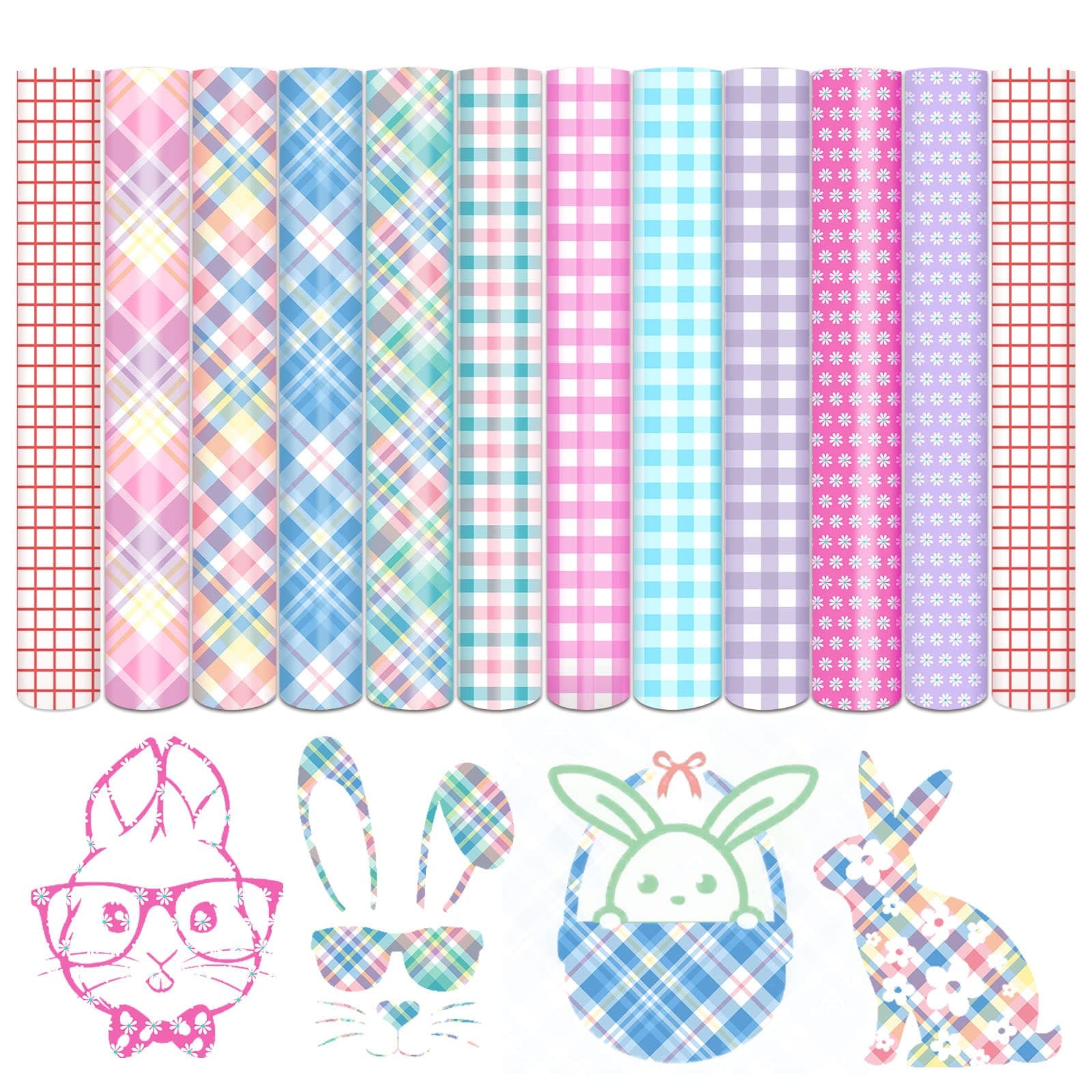 TintnutSpring Plaids Permanent Vinyl - 10 Sheets 12"x10", Easter Permanent Adhesive Vinyl Sheets, Pastel Plaids Pattern Self Sticker Waterproof Vinyl Compatible with Cricut Or Silhouett