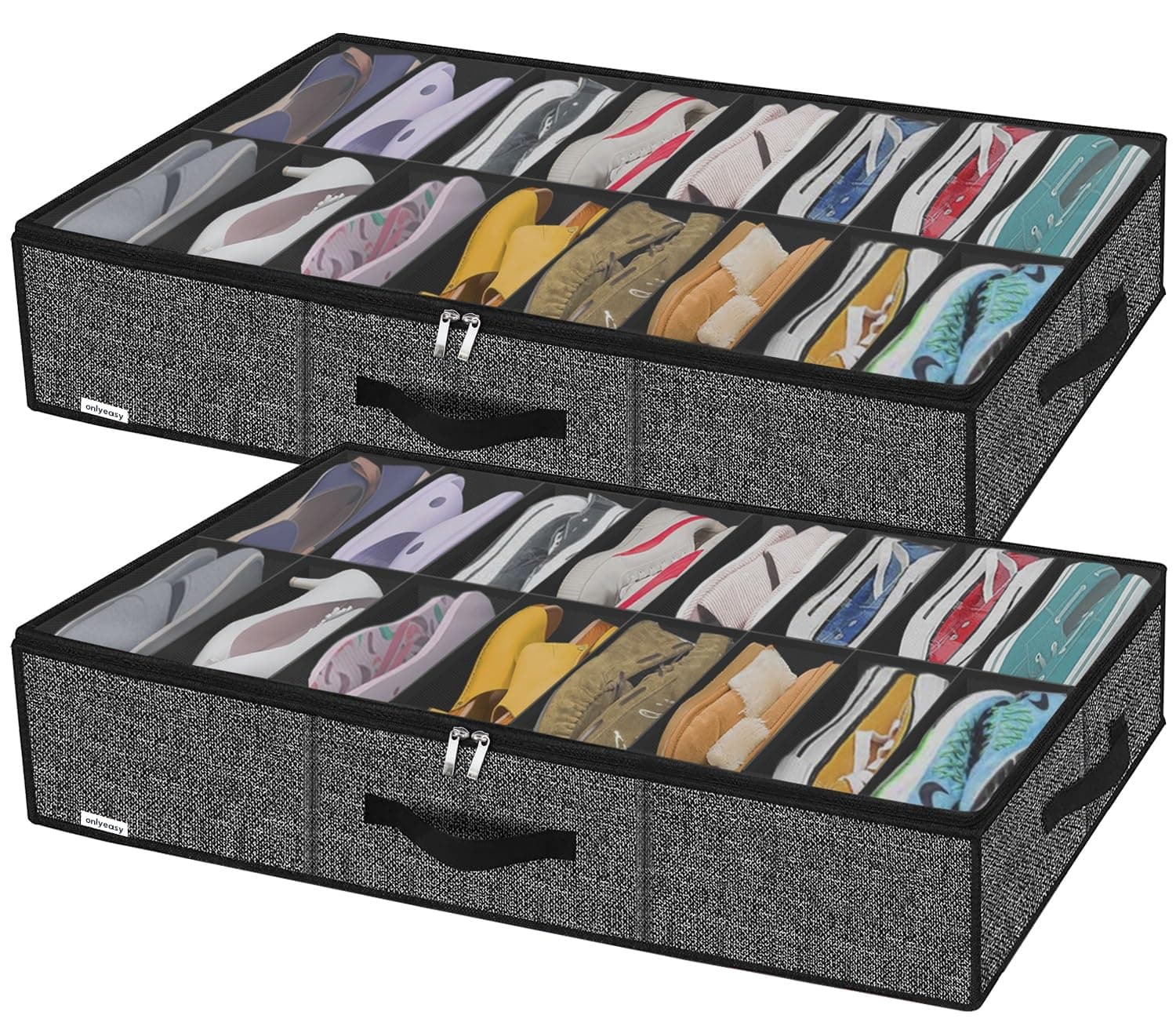 Onlyeasy Sturdy Under Bed Shoe Storage Solution Organizer For Closet Fit 16x2 Pairs, Underbed Shoes Container Bags with Reinforced Handles, Breathable, Linen-like Black, MXAUBS16P2