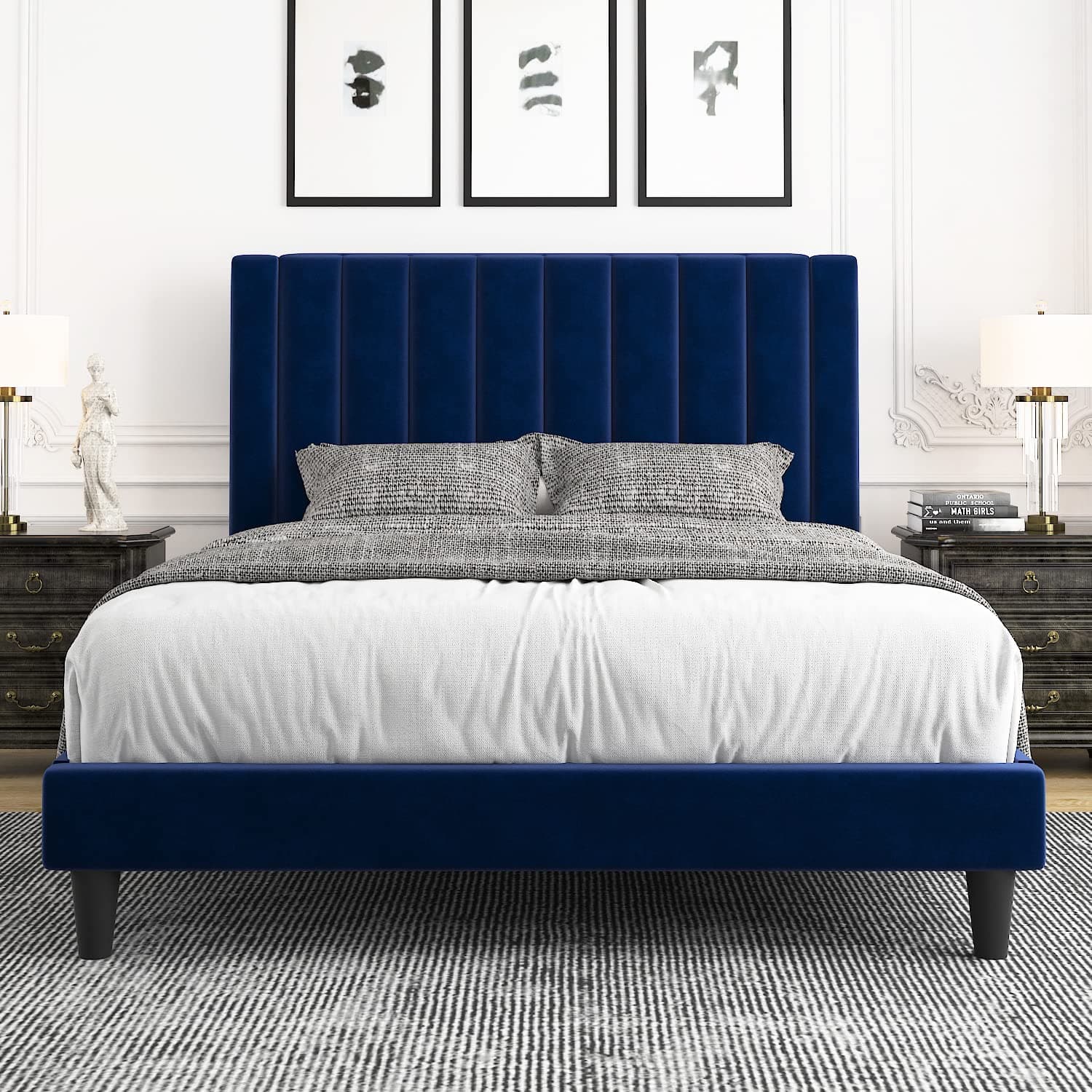 Queen Platform Bed Frame/Velvet Upholstered Bed Frame with Vertical Channel Tufted Headboard/Strong Wooden Slats/Mattress Foundation/Box Spring Optional/Easy Assembly/Navy Blue