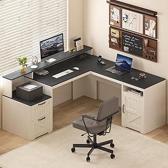 63" Farmhouse L Shaped Executive Desk with Drawers & Storage Shelf, Corner Computer Desk with Power Outlets, L Shaped Office Desk with Monitor Stand, Printer Shelf, Black and White