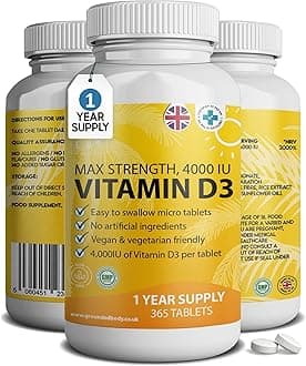 Vitamin D3 4000 IU Micro Tablets - 365 Day Supply, Easy to Swallow High Strength Premium Sunshine Vitamin | Max Strength Vitamin D Supplement, Vegetarian & Vegan Friendly, Made in UK by Grounded