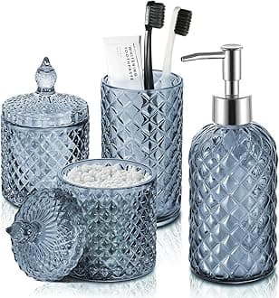 Blue Bathroom Accessories Set, 4 Pack Light Blue Bathroom Decor Accessory Sets Complete, Diamond Glass Soap Dispenser and Toothbrush Holder Set for Bath Counter Organizer Essentials
