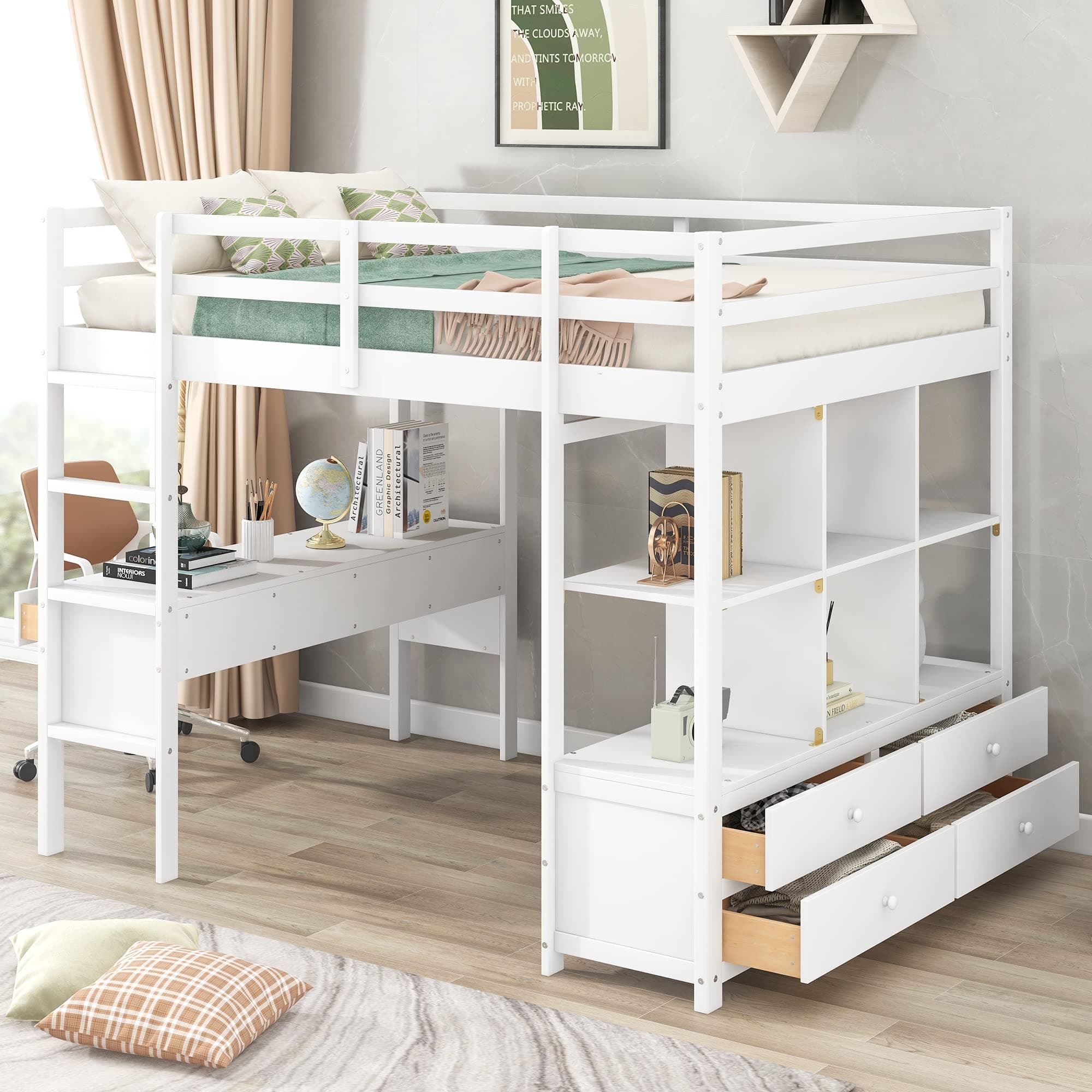 Harper & Bright Designs Full Size Loft Bed with Built-in Desk, 2 Drawers and Storage Shelves, Solid Wood Loft Bed Frame with Ladder and Full Length Guardrail, White