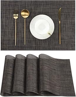 SHACOS Placemats Set of 4 Woven Vinyl Place Mats Wipeable Heat Resistant Plastic Non Slip Table Mats Indoor Outdoor, Black Brown